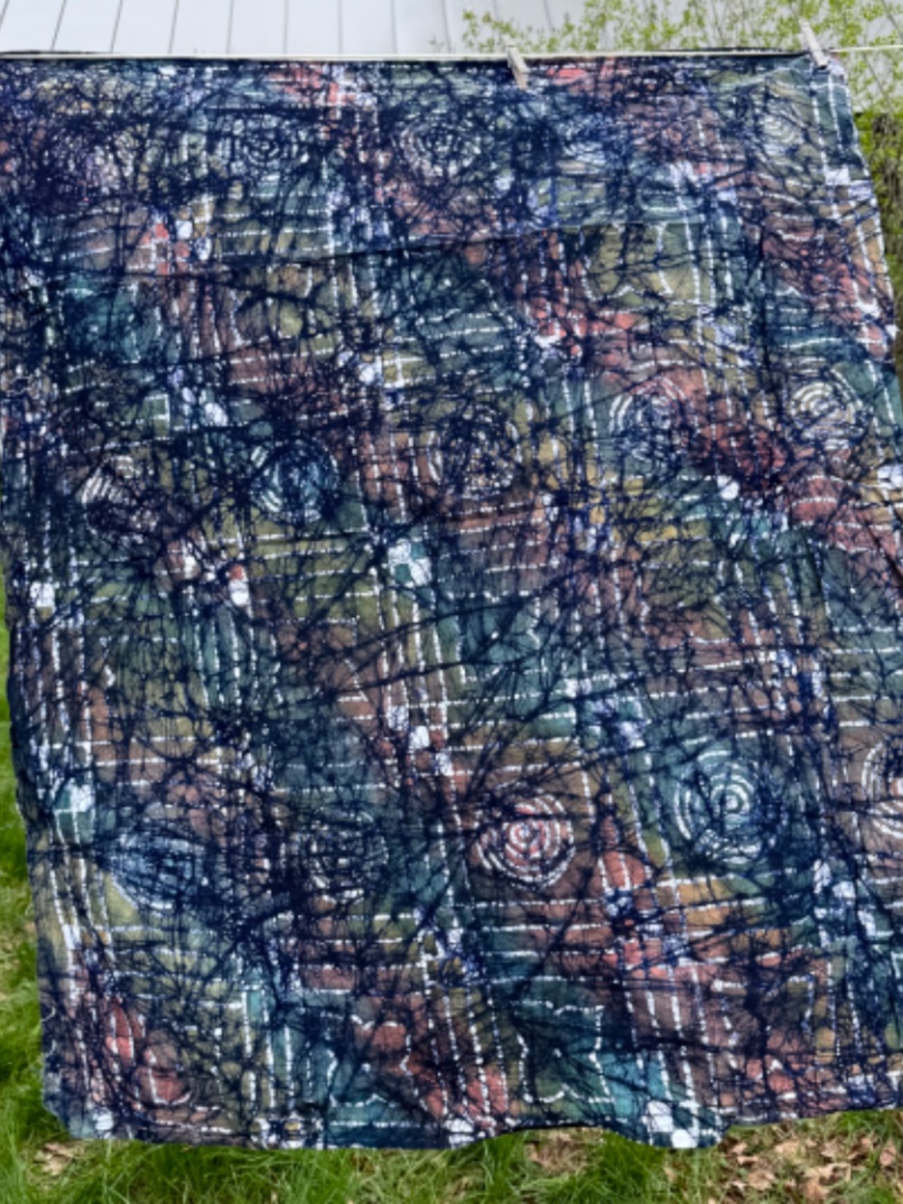 Hand Made Batik Cotton Fabric 1 yd Navy Blue Green Red Boho Abstract Quilting